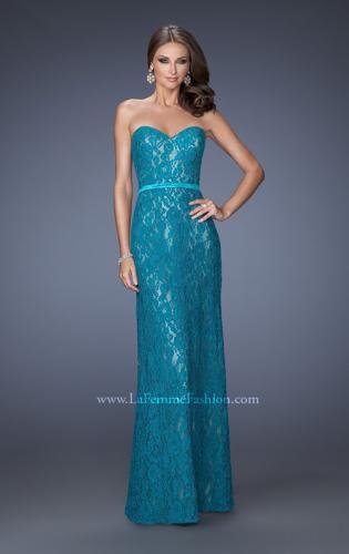 Picture of: Strapless Column Prom Dress with Lace Detail and Belt in Blue, Style: 20107, Detail Picture 1