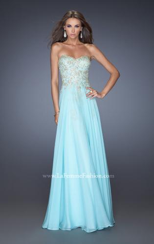 Picture of: Long Strapless Chiffon Prom Dress with Gold Jeweled Lace in Blue, Style: 20114, Detail Picture 1