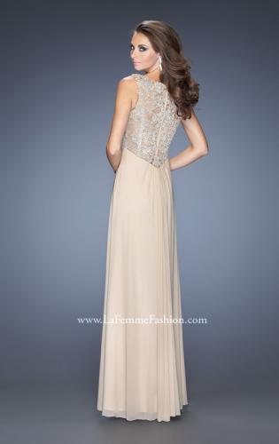 Picture of: V-neck Dress with Twisted Ruched Knot and Cut Outs in Nude, Style: 20142, Back Picture