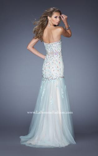 Picture of: Strapless Jeweled Prom Dress with Colored Tulle Overlay in Blue, Style: 20220, Back Picture