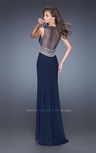 Picture of: Fitted Jersey Prom Dress with Sheer Net Detail and Slit in Blue, Style: 20438, Back Picture