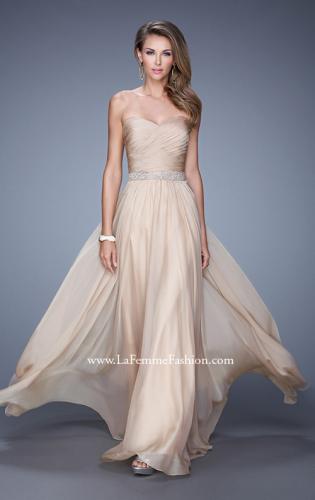 Picture of: Long Chiffon Dress with Ruched Detail and Embellishments in Nude, Style: 20527, Detail Picture 1