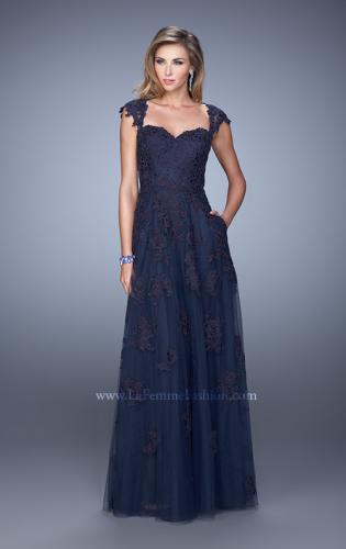 Picture of: Tulle Prom Dress with Lace Applique and Cap Sleeves in Blue, Style: 20558, Detail Picture 1