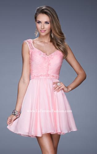 Picture of: Short Chiffon Prom Dress with Jeweled Lace Accents in Pink, Style: 20618, Detail Picture 1