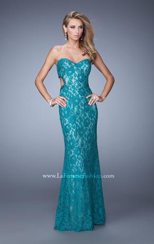Picture of: Long Lace Strapless Prom Dress with Embellishments in Teal, Style: 20750, Detail Picture 1