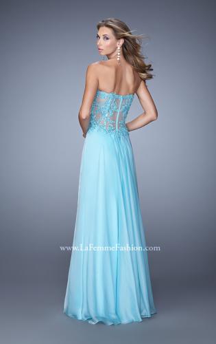 Picture of: Chiffon Strapless Dress with Gathering and Beaded Lace in Blue, Style: 20762, Back Picture