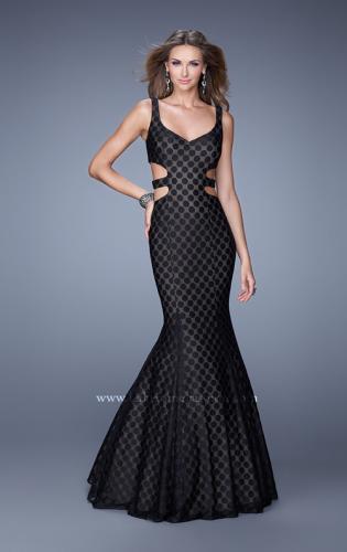 Picture of: Long Mermaid Gown with Polka Dot Lace Overlay in Black, Style: 20813, Main Picture