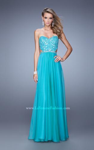 Picture of: Long Sweetheart Neck Gown with Lace Appliques and Belt in Aqua, Style: 20822, Detail Picture 3