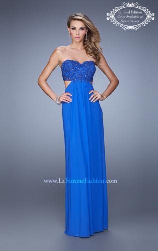 Picture of: Stretch Net Prom Gown with Beaded Lace Appliques in Blue, Style: 20851, Main Picture