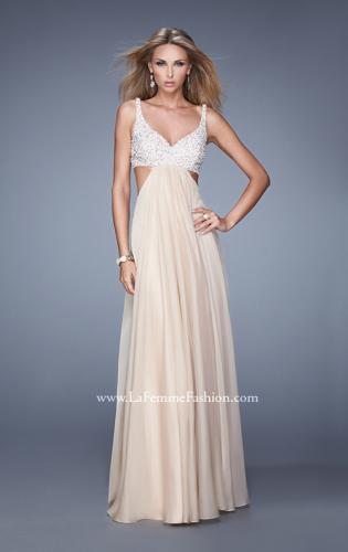 Picture of: Full Length Chiffon Prom Dress with Hand Beaded Bra Top in Nude, Style: 20942, Detail Picture 3