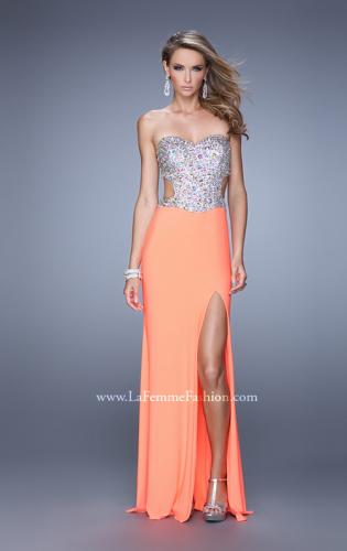 Picture of: Bold Sequined Bodice Prom Dress with Cut Outs in Orange Multi, Style: 20968, Detail Picture 1