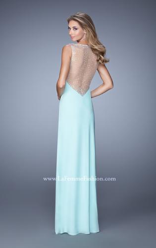 Picture of: Deep V Jersey Dress with Sheer Illusion Netting in Aqua, Style: 21020, Back Picture