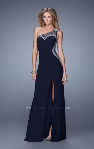 Picture of: Long One Shoulder Prom Dress with Iridescent Stones in Black, Style: 21026, Detail Picture 1