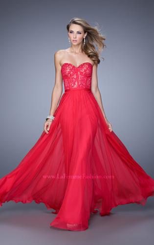 Picture of: Chiffon Prom Dress with Jeweled Lace Overlay in Red, Style: 21079, Detail Picture 1