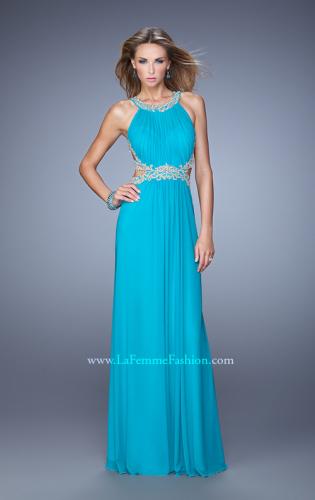 Picture of: Elegant Embroidered Long Gown with Sheer Overlay in Aqua, Style: 21101, Detail Picture 3