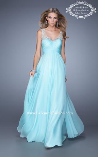 Picture of: Long Chiffon Prom Gown with Sheer Embroidered Straps in Aqua, Style: 21130, Main Picture