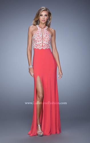 Picture of: Long Halter Jersey Prom Dress with Beaded Embroidery in Coral, Style: 21168, Detail Picture 2