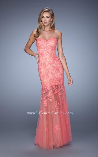 Picture of: Long Lace Dress with Sheer Tulle Skirt and Beaded Lace in Coral, Style: 21174, Detail Picture 2