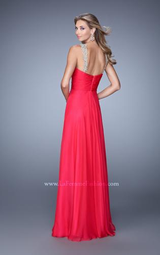 Picture of: Chiffon Low V Prom Dress with Embroidered Accents in Red, Style: 21207, Back Picture