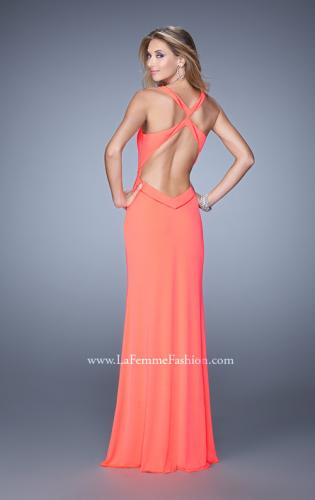Picture of: Side Slit Jersey Prom Dress with Mesh Detailing in Coral, Style: 21220, Back Picture