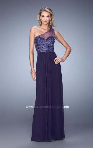 Picture of: One Shoulder Prom Dress with Net Overlay and Beads in Purple, Style: 21239, Detail Picture 1