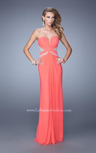 Picture of: Strapless Prom Dress with Beaded Embroidery Cut Outs in Coral, Style: 21256, Main Picture