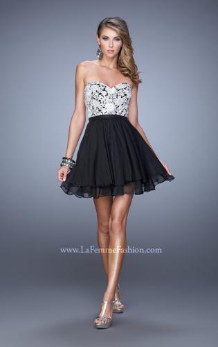 Picture of: Chiffon Cocktail Dress with Tiered Skirt and Lace Overlay in Black, Style: 21284, Detail Picture 3