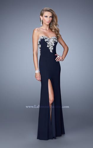 Picture of: Long Jersey Prom Dress with Metallic Embroidery and Slit in Navy, Style: 21292, Main Picture