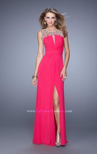 Picture of: Glam Long Prom Gown with Open Back and Center Slit in Hot Pink, Style: 21293, Detail Picture 1