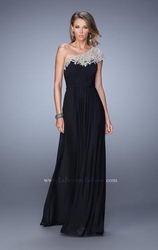 Picture of: One Shoulder Prom Dress with Embroidered Sleeves in Black, Style: 21309, Detail Picture 3