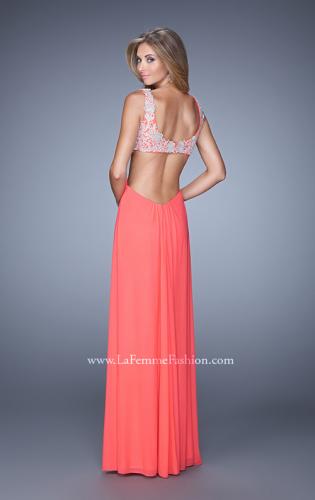 Picture of: Full Length Net Jersey Dress with Beaded Embroidery in Coral, Style: 21329, Back Picture