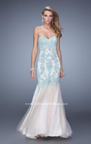 Picture of: Tulle Mermaid Prom Gown with Beaded Lace Straps in Mint and White, Style: 21369, Detail Picture 1