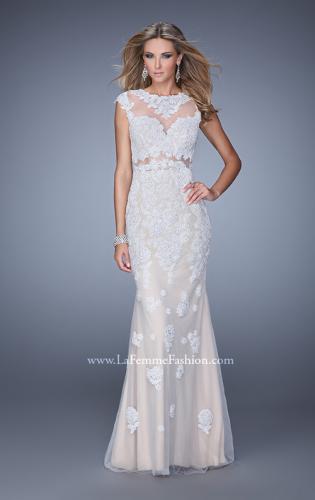 Picture of: Long Cap Sleeve Prom Dress with Lace Appliques and Stones in Nude, Style: 21371, Main Picture