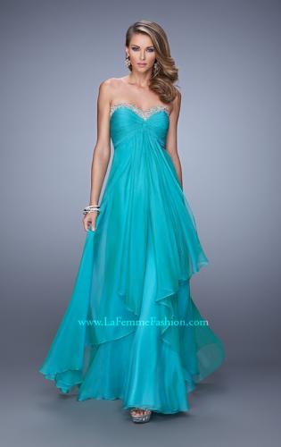 Picture of: Chiffon Prom Dress with Tiered Skirt and Embroidery in Peacock, Style: 21374, Detail Picture 1