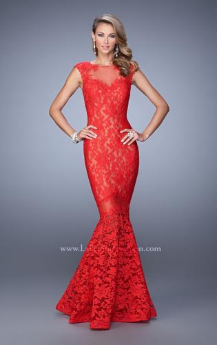 Picture of: Lace Dress with Flared Skirt, Cap Sleeves, and Open Back in Red, Style: 21399, Detail Picture 1