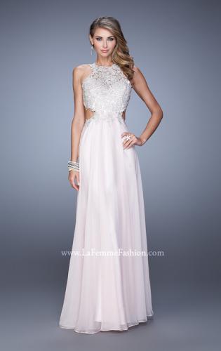 Picture of: Embroidered Bodice Chiffon Gown with Halter Neckline in Blush, Style: 21454, Detail Picture 2