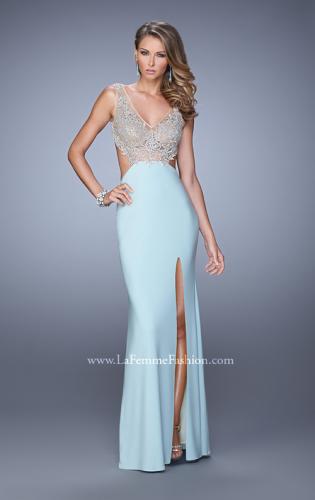 Picture of: Sheer Bodice Prom Dress with V Neck and Side Cut Outs in Mint, Style: 21469, Main Picture