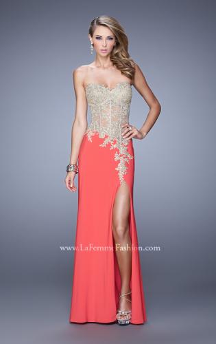 Picture of: Strapless Prom Dress with Corset Bodice and Beading in Orange, Style: 21472, Detail Picture 1