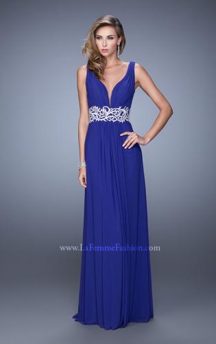Picture of: Net Jersey Dress with Ruched Bodice and Open Back in Blue, Style: 21475, Detail Picture 4