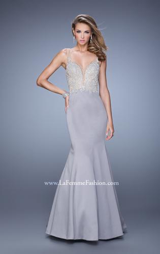Picture of: Satin Mermaid Dress with V Neck and Metallic Detail in Silver, Style: 21522, Main Picture
