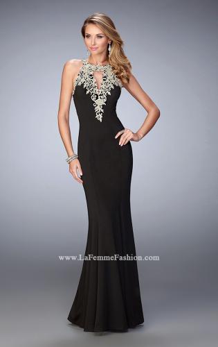 Picture of: Jersey Mermaid Gown with Metallic Lace Appliques in Black, Style: 21607, Detail Picture 1