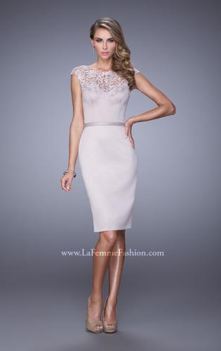 Picture of: Stretch Satin Dress with Intricate Lace Detailing in Champagne, Style: 21619, Main Picture