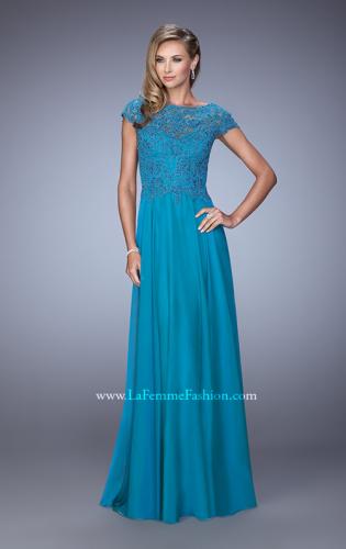 Picture of: Chiffon Dress with Lace Bodice and Cap Sleeves in Teal, Style: 21627, Detail Picture 2