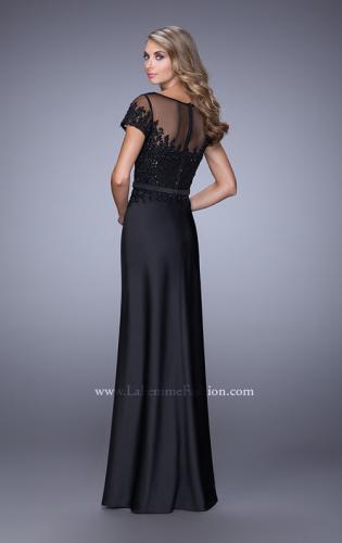 Picture of: Lace Trim Evening Dress with Sheer Back and Thin Belt in Black, Style: 21662, Back Picture