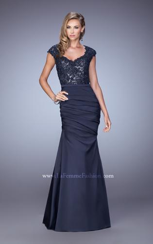 Picture of: Satin Dress with Beaded Lace Bodice and Gathering in Blue, Style: 21669, Detail Picture 2