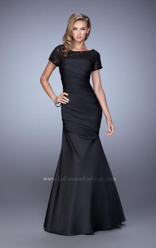 Picture of: Sheer Short Sleeve Satin Dress with Scoop Neckline in Black, Style: 21670, Main Picture