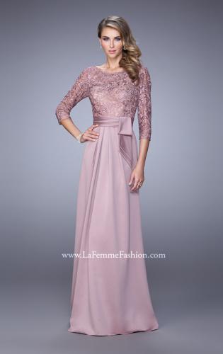 Picture of: 3/4 Sleeve Satin Evening Dress with Beaded Lace Bodice in Pink, Style: 21676, Main Picture
