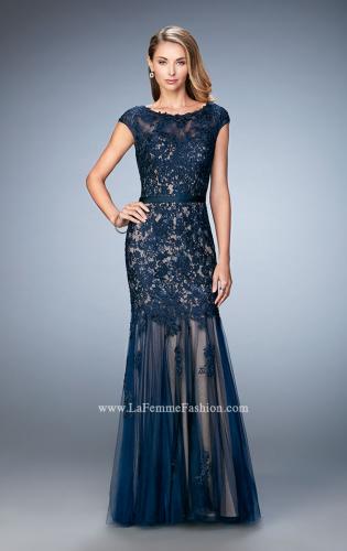 Picture of: Lace and Tulle Dress with Sheer Lace Capped Sleeves in Blue, Style: 21677, Detail Picture 1
