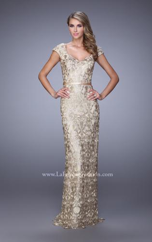 Picture of: Metallic Lace Gown with Cap Sleeves and Satin Belt in Gold, Style: 21680, Main Picture