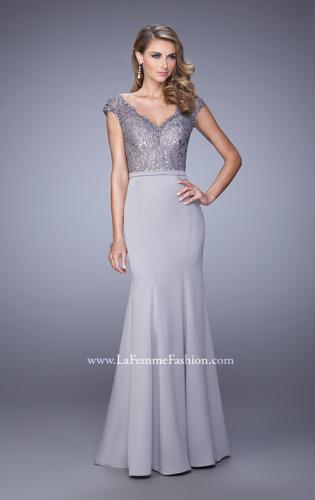 Picture of: Satin Dress with Mermaid Skirt and Lace Cap Sleeves in Silver, Style: 21702, Main Picture